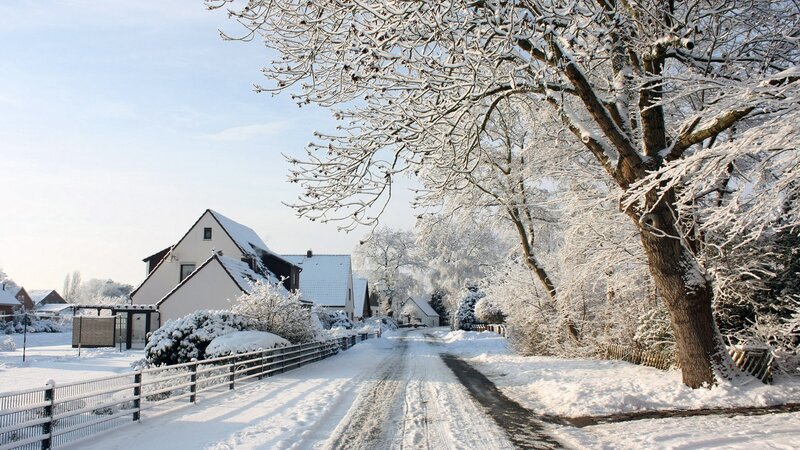 Snow-covered Village Street — White, Serene, Winter, Photograph