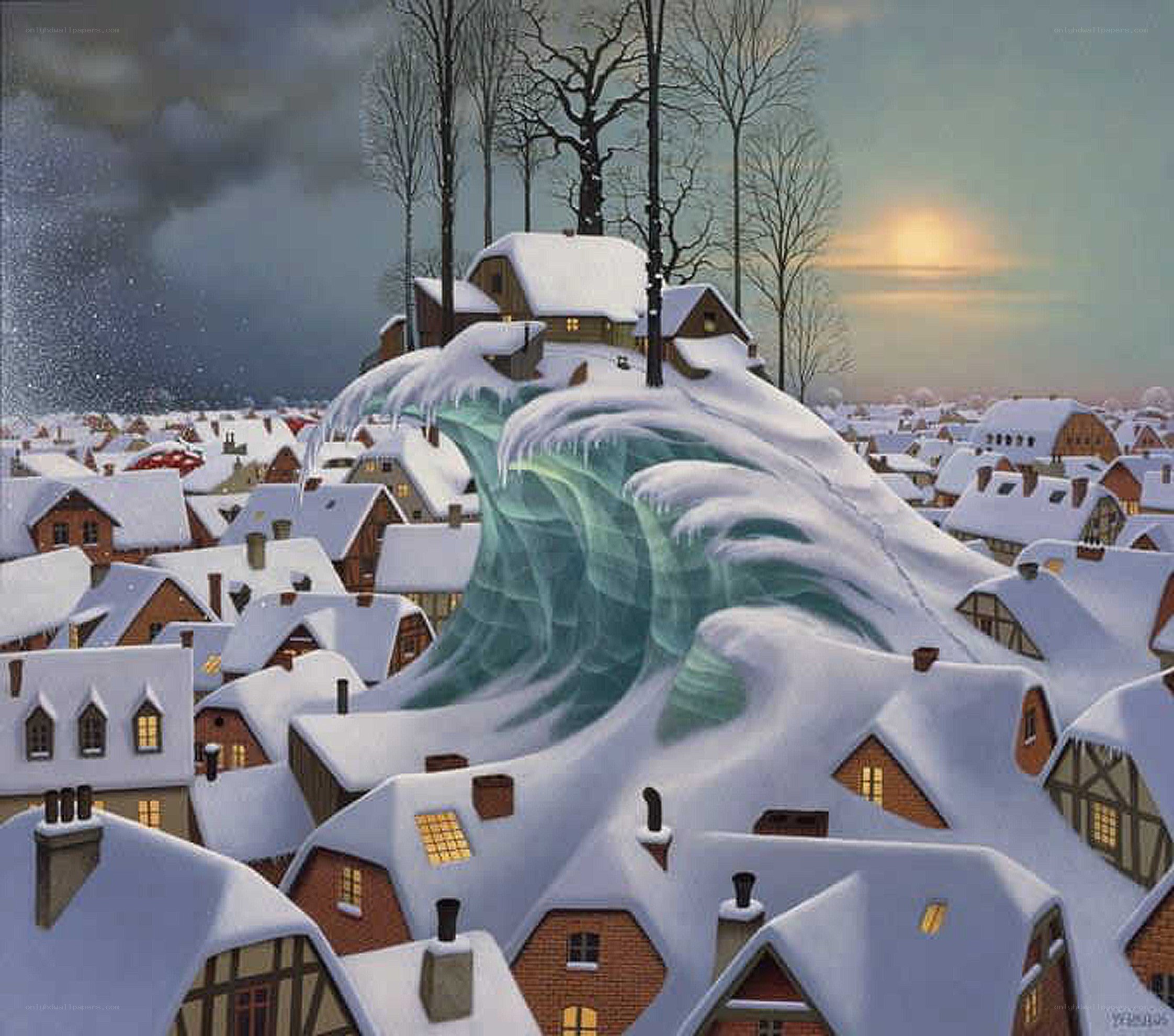 Snow-covered village wave