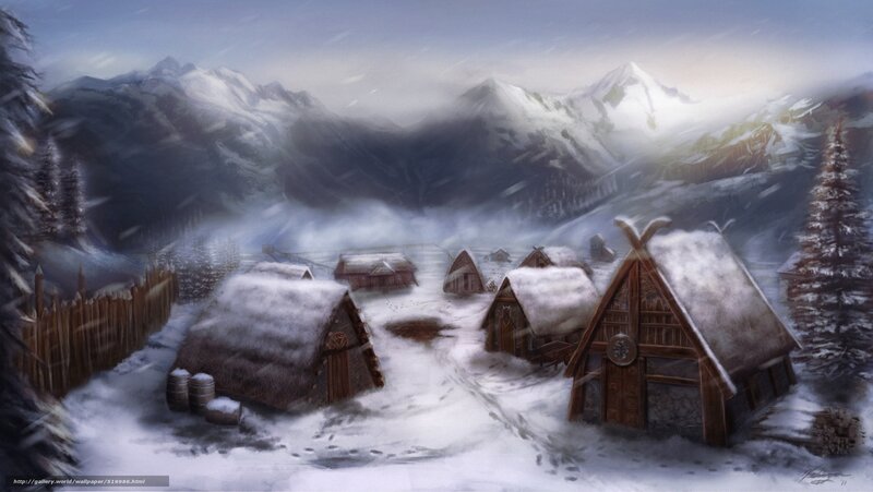 Snow-covered Village — White, Cold, Winter, Digital Art