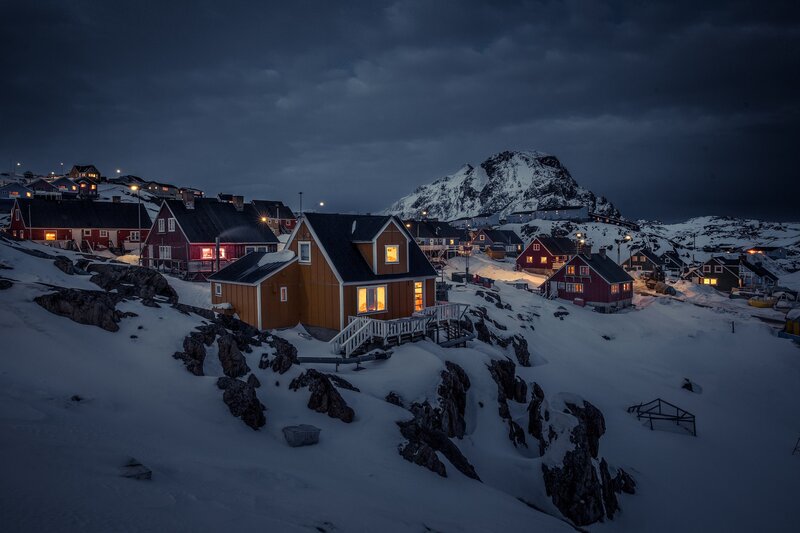 Snow-covered Village — White, Dramatic, Night