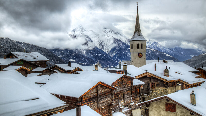 Snow-covered Village — White, Dramatic, Winter, Photograph, Church Steeple