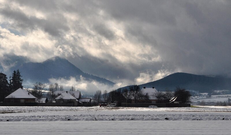 Snow-covered Village — White, Dramatic, Winter, Photograph, Mountains, Clouds