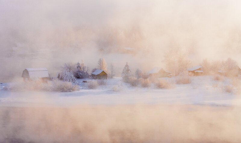 Snow-covered Village — White, Misty