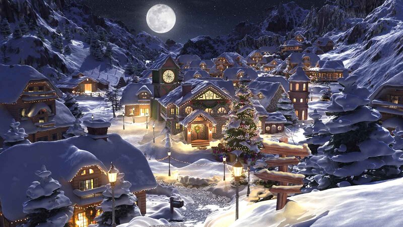 Snow-covered Village — White, Peaceful, Night, 3d Render