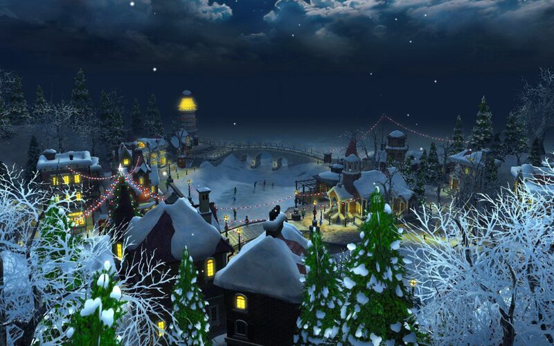 Snow-covered Village — White, Peaceful, Night, Digital Art, Houses, Trees, Bridge