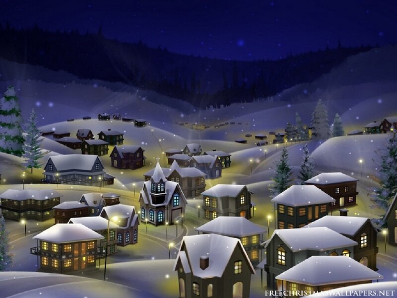 Snow-covered Village — White, Peaceful, Night, Digital Art, Houses, Trees
