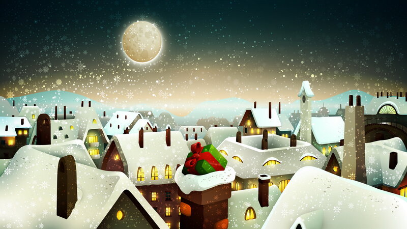 Snow-covered Village — White, Peaceful, Night, Digital Art, Moon, Snowflakes