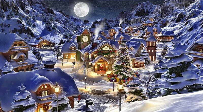 Snow-covered Village — White, Peaceful, Night, Digital Art, Mountains, Christmas Tree