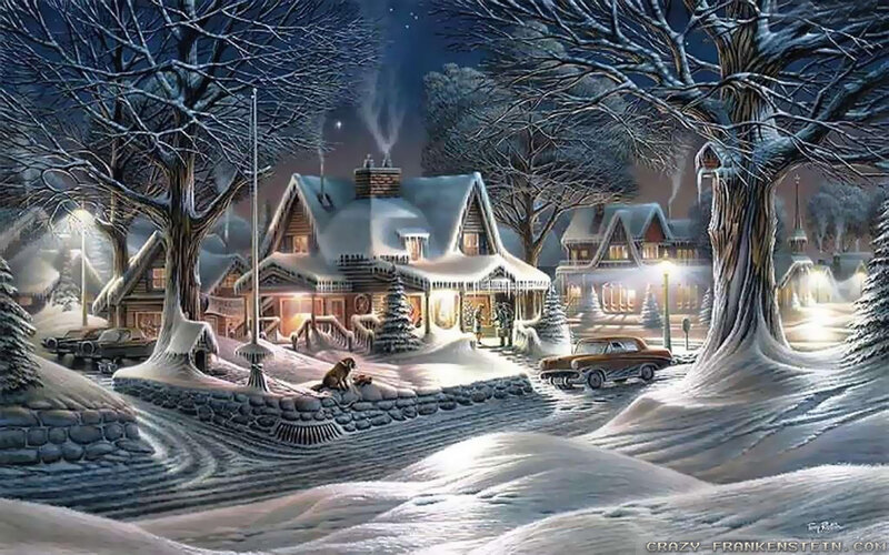 Snow-covered Village — White, Peaceful, Night, Illustration, Houses