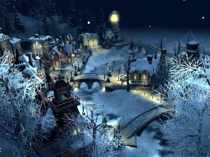 Snow-covered Village — White, Peaceful, Night