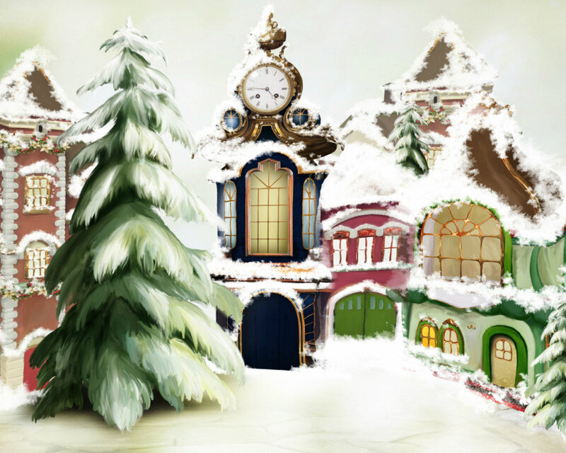 Snow-covered Village — White, Peaceful, Winter, Illustration, Clock Tower