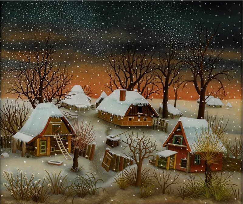 Snow-covered Village — White, Peaceful, Winter, Illustration
