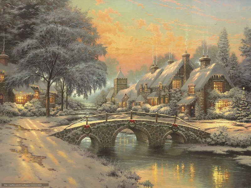 Snow-covered Village — White, Peaceful, Winter, Painting, Bridge, River