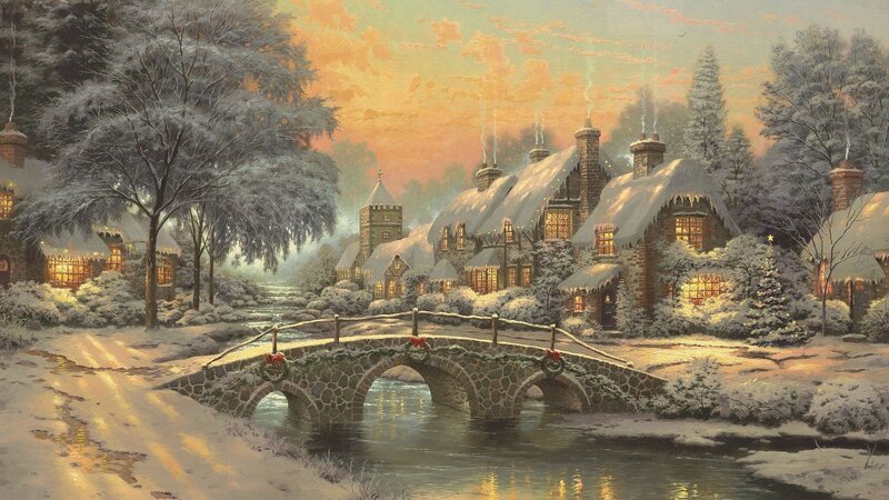 Snow-covered Village — White, Peaceful, Winter, Painting, Bridge, River, Trees