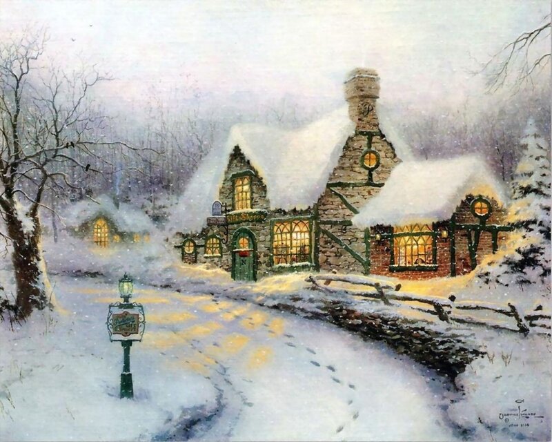 Snow-covered Village — White, Peaceful, Winter, Painting, Buildings