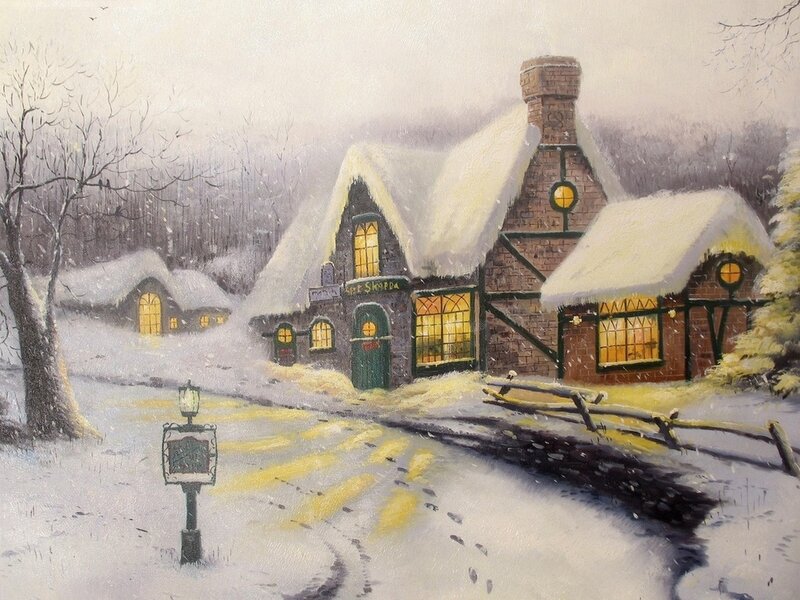 Snow-covered Village — White, Peaceful, Winter, Painting, House