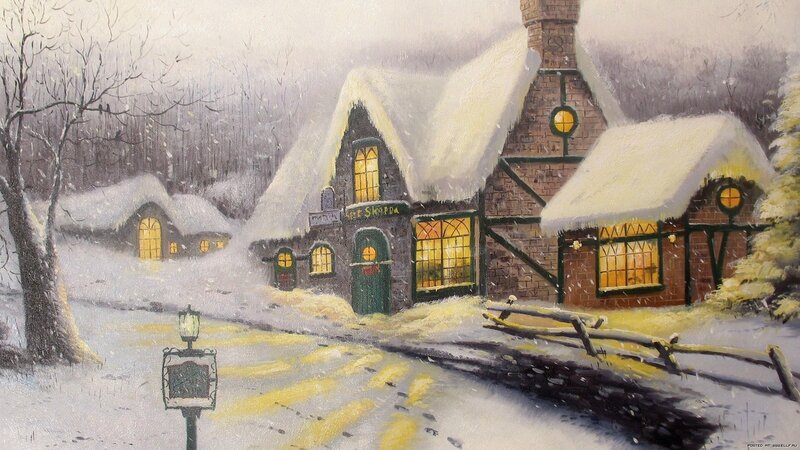 Snow-covered Village — White, Peaceful, Winter, Painting, House, Tree