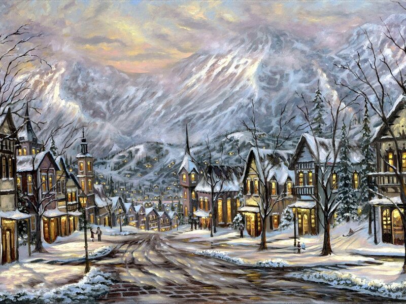 Snow-covered Village — White, Peaceful, Winter, Painting, Mountains