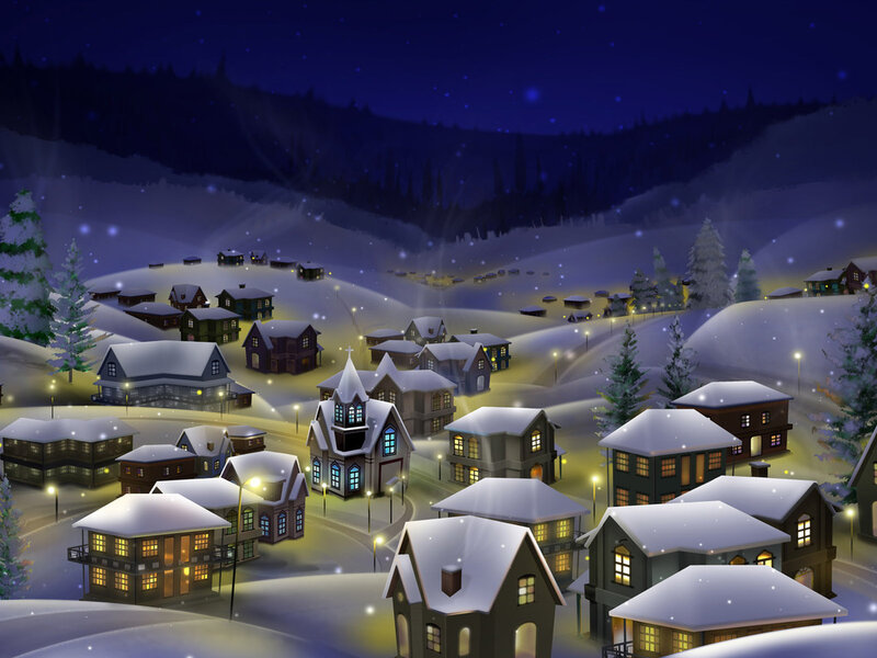Snow-covered Village — White, Serene, Night, Digital Art