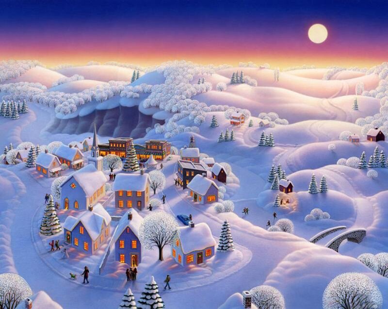 Snow-covered Village — White, Serene, Night, Illustration, Houses