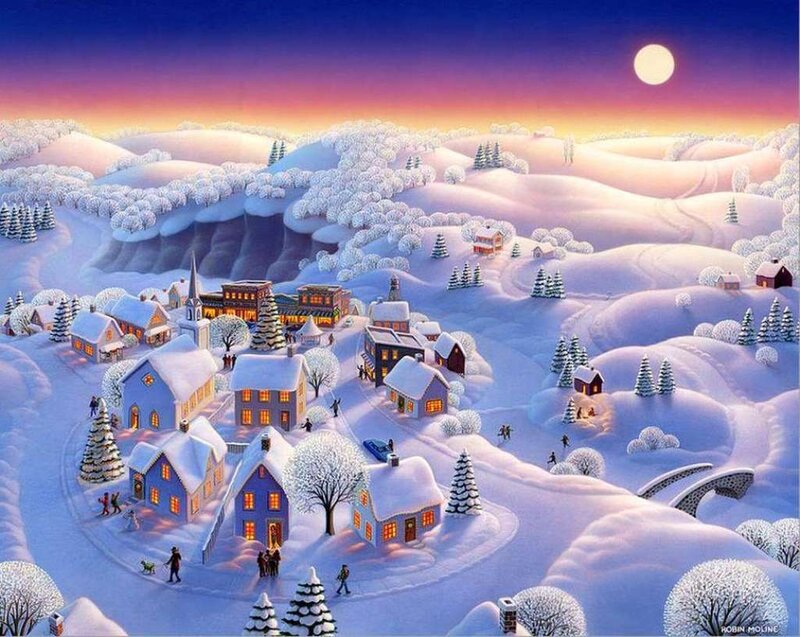 Snow-covered Village — White, Serene, Night, Illustration