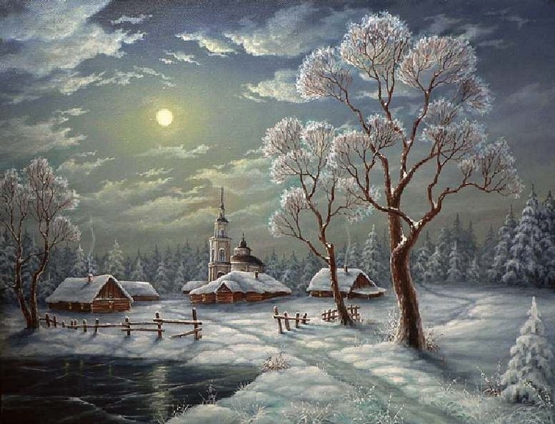 Snow-covered Village — White, Serene, Night, Painting, Church
