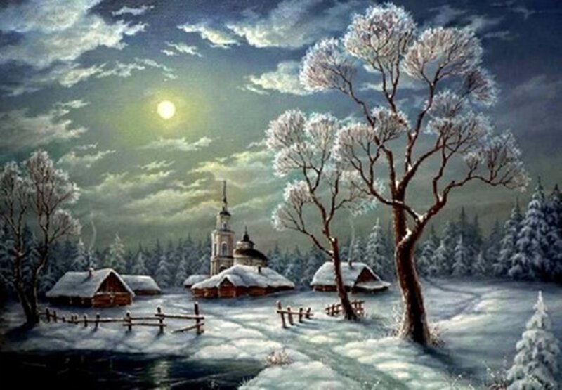 Snow-covered Village — White, Serene, Night, Painting, Church, Trees