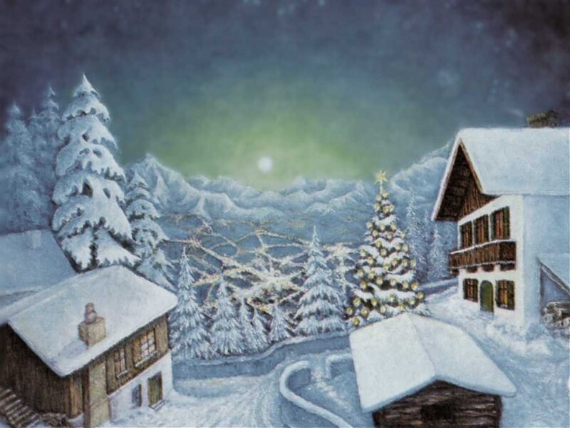 Snow-covered Village — White, Serene, Night, Painting, Houses
