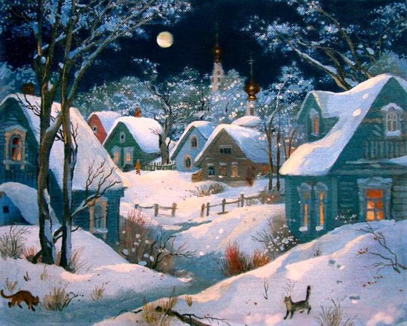 Snow-covered Village — White, Serene, Night, Painting, Houses, Trees