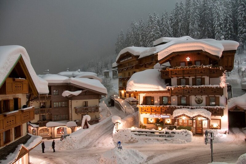 Snow-covered Village — White, Serene, Night, Photograph, Buildings