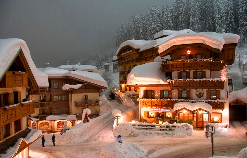 Snow-covered Village — White, Serene, Night, Photograph, Buildings, Trees
