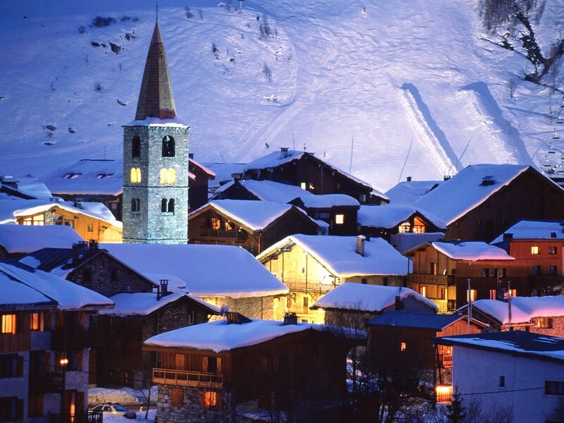 Snow-covered Village — White, Serene, Night, Photograph, Church Tower