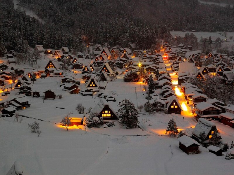 Snow-covered Village — White, Serene, Night, Photograph, Houses