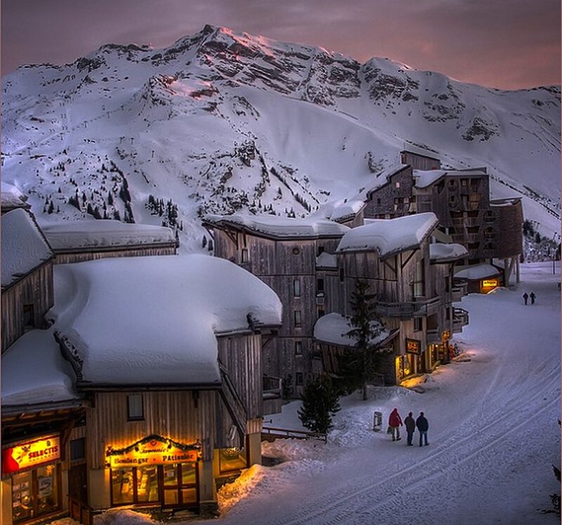 Snow-covered Village — White, Serene, Sunset