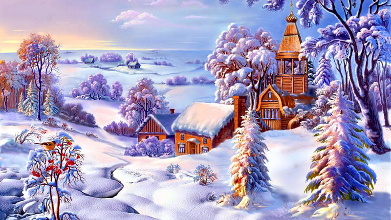 Snow-covered Village — White, Serene, Winter, Digital Art, Church