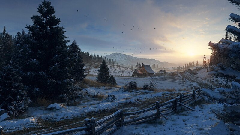 Snow-covered Village — White, Serene, Winter, Digital Art, Mountain, Church