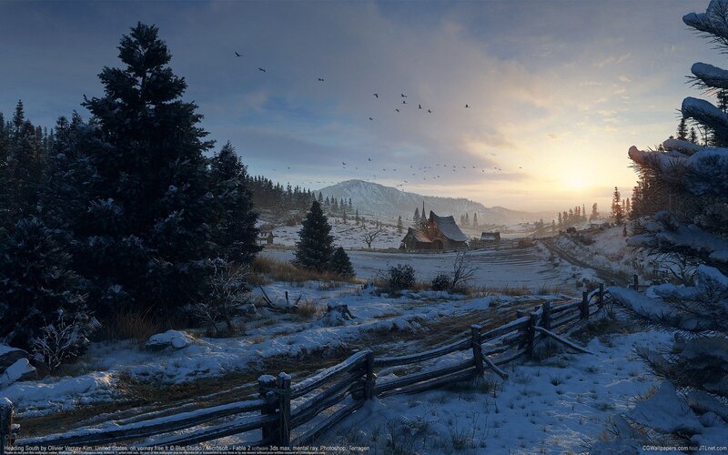 Snow-covered Village — White, Serene, Winter, Digital Art