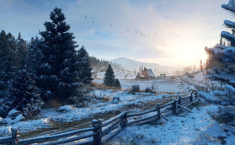 Snow-covered Village — White, Serene, Winter, Digital Art, Trees, Fence