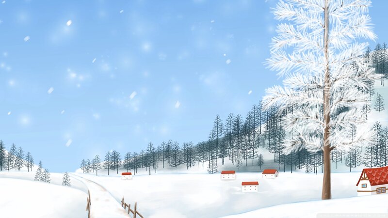 Snow-covered Village — White, Serene, Winter, Digital Art, Trees