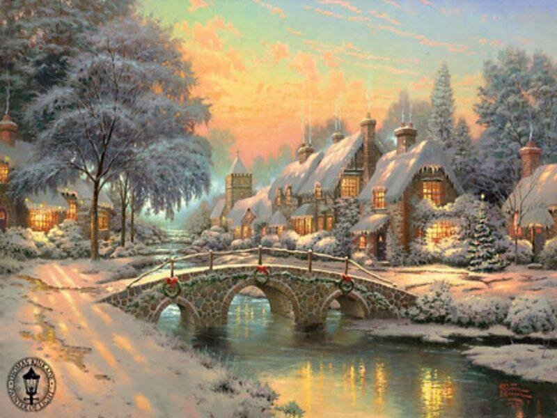 Snow-covered Village — White, Serene, Winter, Painting, Bridge
