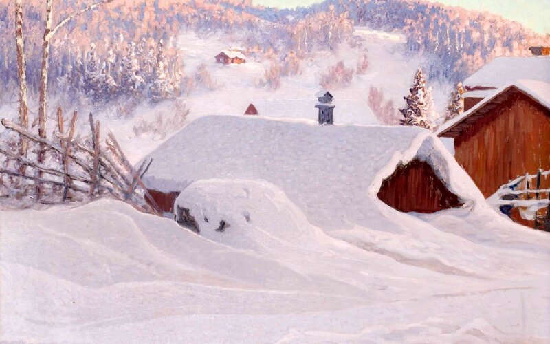 Snow-covered Village — White, Serene, Winter, Painting, Buildings