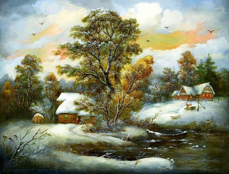 Snow-covered Village — White, Serene, Winter, Painting, Cabin, River