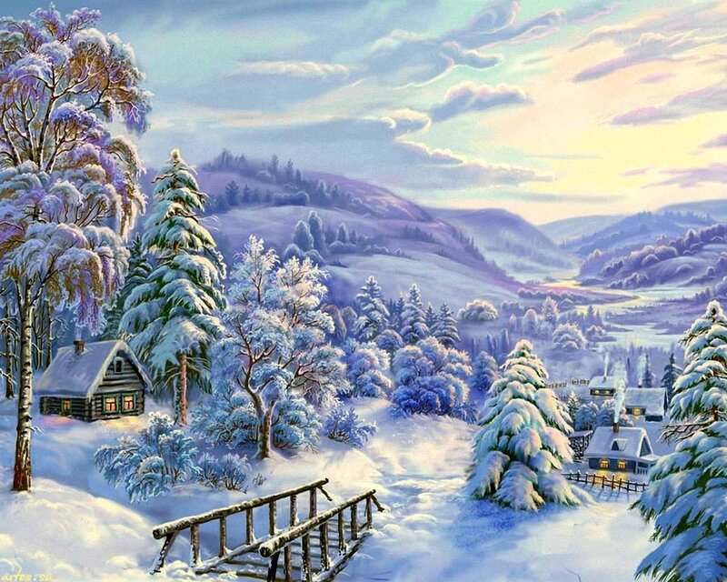 Snow-covered Village — White, Serene, Winter, Painting, Cabin