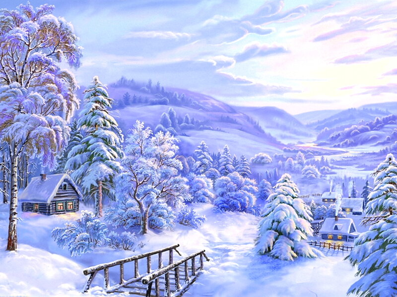 Snow-covered Village — White, Serene, Winter, Painting, Cabin, Trees, Bridge