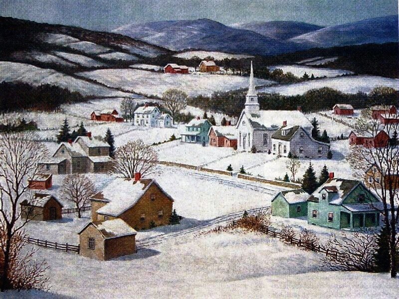 Snow-covered Village — White, Serene, Winter, Painting, Church