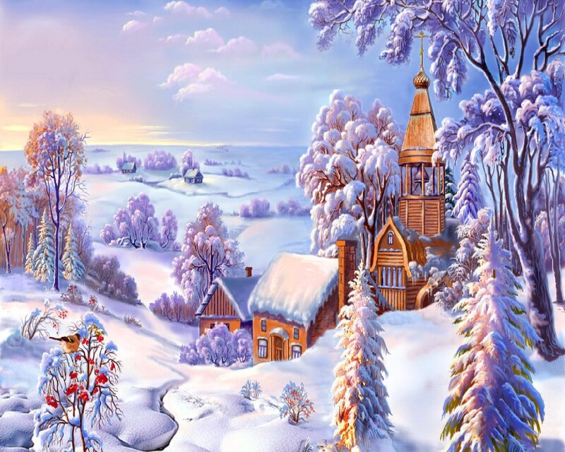 Snow-covered Village — White, Serene, Winter, Painting, Church, Trees, Houses