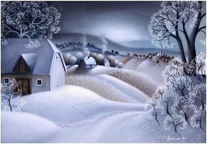 Snow-covered Village — White, Serene, Winter, Painting, Houses
