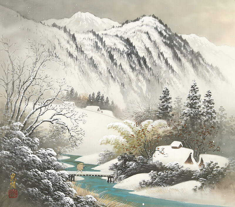Snow-covered Village — White, Serene, Winter, Painting, Mountains, River