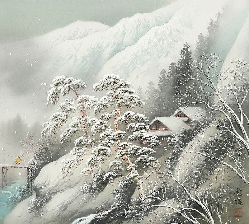 Snow-covered Village — White, Serene, Winter, Painting, Mountains