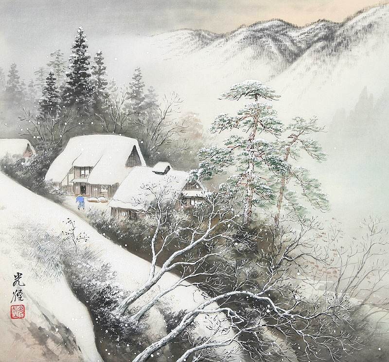 Snow-covered Village — White, Serene, Winter, Painting, Mountains, Trees